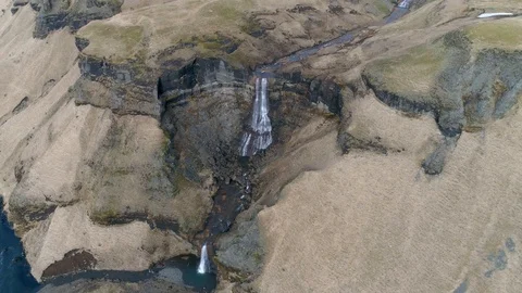 Drone Orbits Large 2 Level Waterfall in Iceland in 4k Stock Footage 90231004
