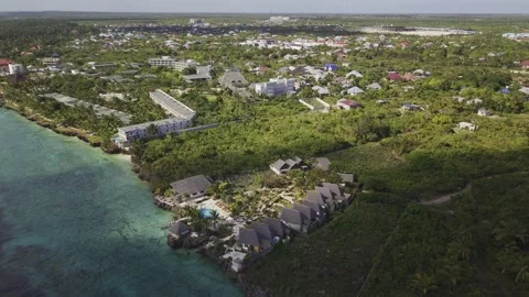 Drone orbits to the left over seaside resort next to turquoise water Stock-Footage 346470783