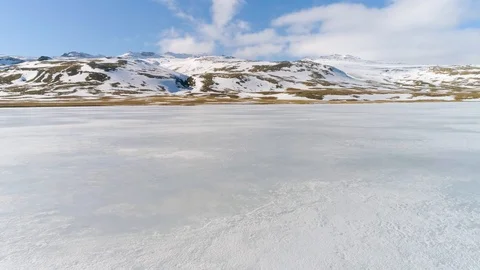Drone Orbits Slowly Ascending Over Frozen Lake in Iceland in 4K Stock Footage 90228161