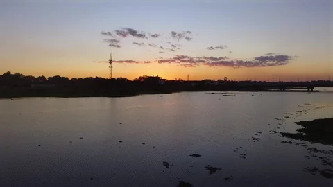 Drone out over the paraguay river, antenna and cluds in the landscape Stock Footage 190848087