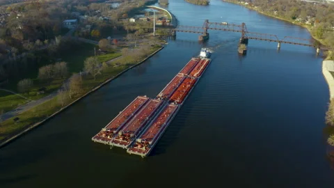 Drone Over Barge on the Illinois River Stock Footage 146034850