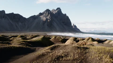 Drone Over Black Sand Beach Towards Tide And Vestrahorn Stock Footage 178265201