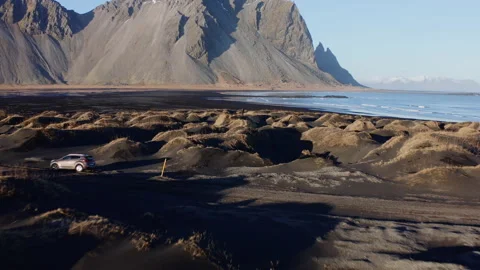 Drone Over Black Sand Beach Towards Tide And Vestrahorn Video stock 178270625