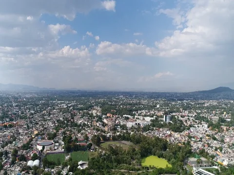 DRONE over city, clouds, blue skies, landscape, green field,  스톡 동영상 77810125