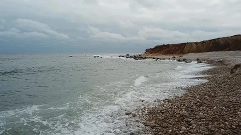 Drone Over Cloudy Montauk Beach Stock Footage 107344267