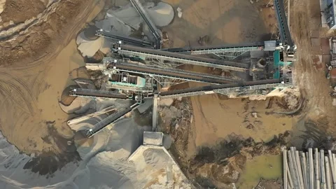 Drone over the conveyor belt of an ore quarry Stock Footage 310302479