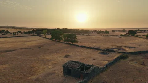 Drone over dry dehesa during drought at summer sunset, Salamanca, Spain Stock Footage 341886647