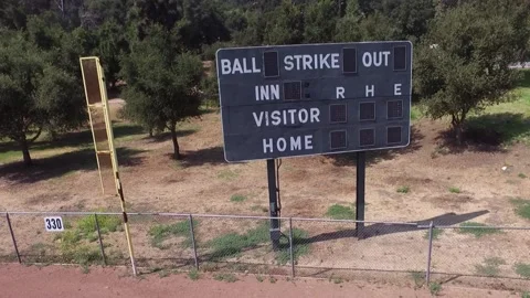 Drone over empty baseball field scoreboard Video stock 136561664