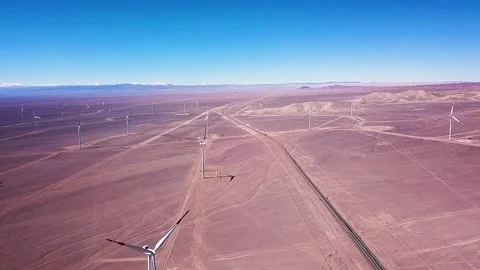Drone over eolic turbines in Calama (Atacama Desert), Chile. | 02 Vídeos de archivo 157835313
