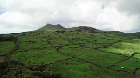 Drone over fertile volcanic patchwork farm fields with iconic basalt stone walls 스톡 동영상 303346664
