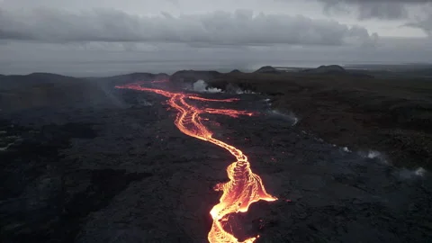 Drone Over Flowing River Of Molten Lava Stock Footage 168770525