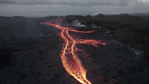 Drone Over Flowing River Of Molten Lava Stock Footage 168770599