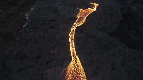 Drone Over Flowing River Of Molten Lava From Erupting Volcano Stock Footage 168770879