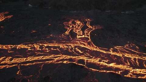 Drone Over Flowing River Of Molten Lava From Erupting Volcano Stock Footage 168770889