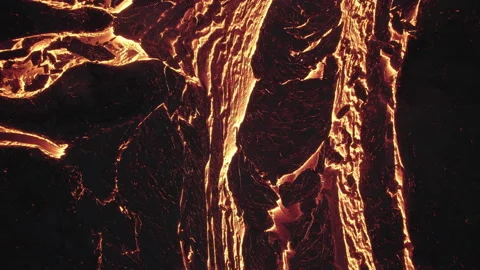 Drone Over Flowing River Of Molten Lava From Erupting Volcano Stock Footage 168771476