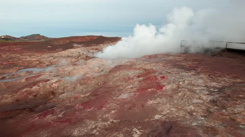 Drone Over Geothermal Area With Steaming Hot Spring Video stock 168772544