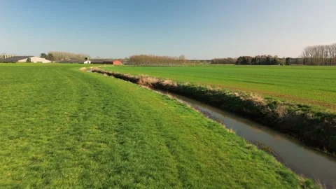 Drone Over Green Fields and Winding Stream Toward Farm in the Distance Stock Footage 309203556