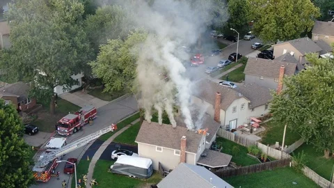 Drone over a housefire Stock Footage 114750247