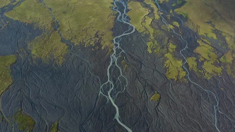 Drone Over Landscape With Dry Riverbed Of Braided River Stock Footage 168776199