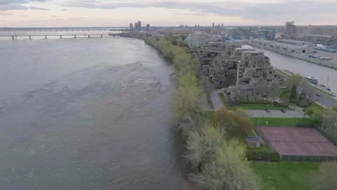 Drone over looking the strange building of habitat 67 in montreal quebec canada Stock Footage 342111704