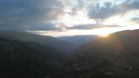 Drone Over Misty Mountain Valley at Sunset, Village Houses, Georgia 스톡 동영상 337334147