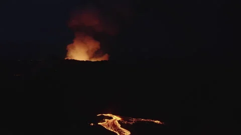 Drone Over Moving River Of Molten Lava Towards Erupting Volcano Video stock 168770087