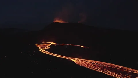 Drone Over Moving River Of Molten Lava From Erupting Volcano Video stock 168770090