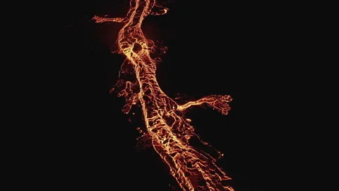 Drone Over Moving River Of Molten Lava From Erupting Volcano Stock Footage 168770142