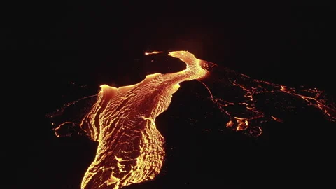 Drone Over Moving River Of Molten Lava From Erupting Volcano Stock Footage 168770227