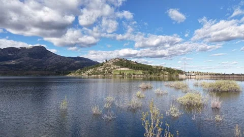 Drone over Navacerrada Reservoir, Sierra de Guadarrama (Spain) Stock Footage 308015591