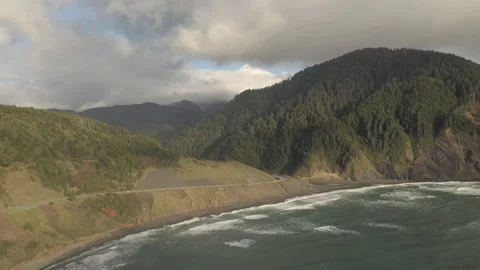 Drone over Oregon Coast Highway 101 following a car. Stock Footage 154101436