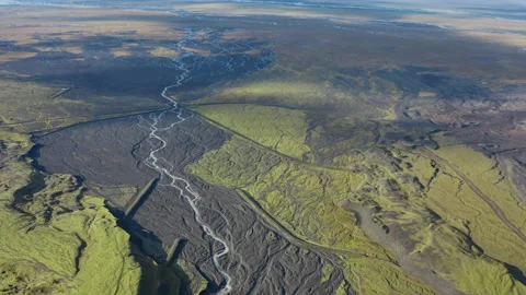 Drone Over Patchwork Landscape With Dry Riverbed Of Braided River Stock-Footage 168775355