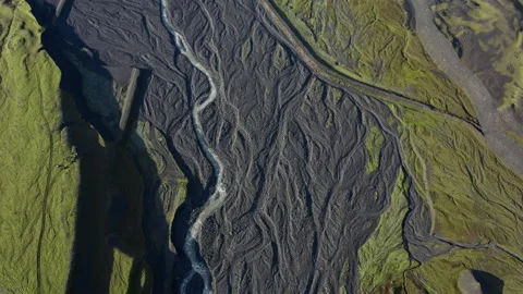 Drone Over Patchwork Landscape With Dry Riverbed Of Braided River Video stock 168775397