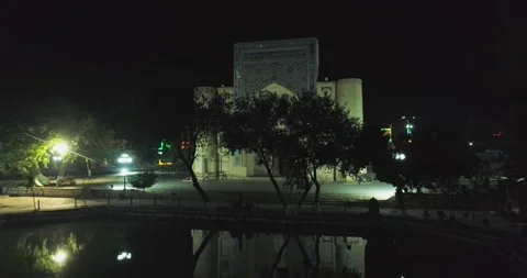 Drone over the pool at night in front of the complex Bolo Haouz Mosque. Stock Footage 277869107