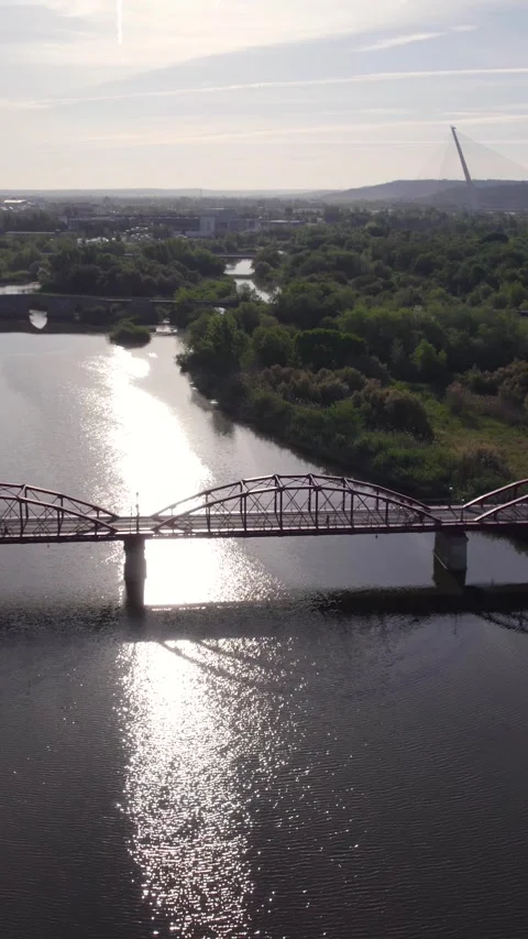 Drone Over Reina Sofía Bridge and Serene River in Talavera Stock Footage 333450457