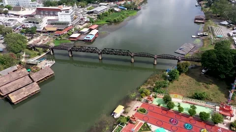 Drone over River Kwai, Drone shot over River Kwai and bridge in Kanchanaburi Stock Footage 229930894