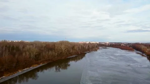 Drone over the river, winter, Ukraine Stock Footage 145682922