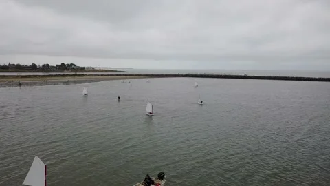 Drone Over Sailboats In Calm Bay On a Cloudy Day Stockbeeldmateriaal 166319350