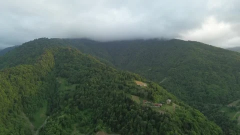 Drone Over Sunlit Forest and Village Houses at Golden Sunset, Georgia 스톡 동영상 337334379