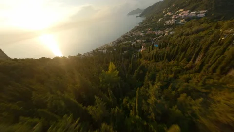 Drone Over Sunset Town And Coastline Of Corfu Video stock 166866566