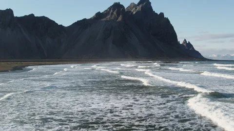 Drone Over Tide And Beach Towards Vestrahorn Stock Footage 178269013