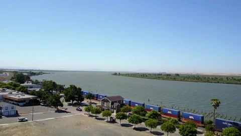 Drone Over Train at Downtown Delta Waterfront Stockbeeldmateriaal 166319327