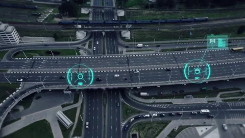 Drone over an urban freeway recognizes and identifies cars. Stock Footage 202038145
