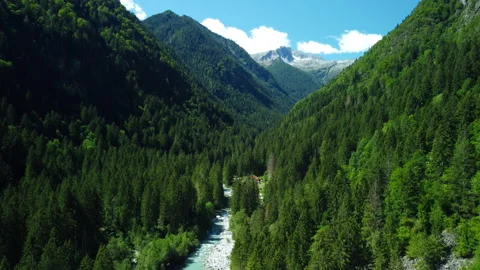 Drone over valley with glacier, river, forest, and mountain cabin Stock Footage 314197630