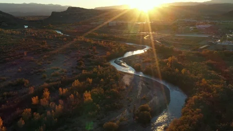 Drone over Virgin River in St. George Utah Stock Footage 99379378