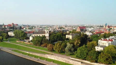 Drone over Vistula River and Church of St Michael the Archangel, Krakow Poland Stock Footage 99322307