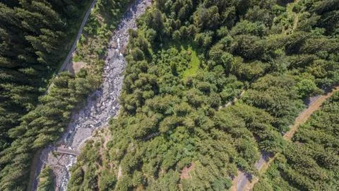 Drone overhead alpine mountain River Stock Photos