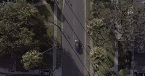 Drone Overhead Tracking Shot of Jogger Running and Cars Passing in Los Angeles Stock Footage 137920430