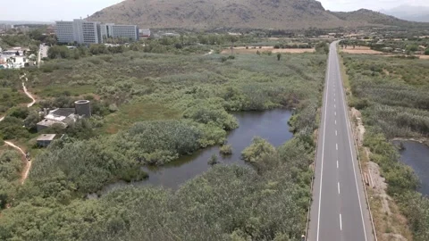 Drone Overhead View of Road With Moving Vehicle, Maristany, Mallorca Stock Footage 340589531