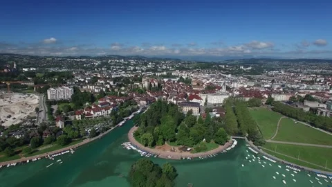 Drone overlooking the town of Annecy Stock Footage 331873408
